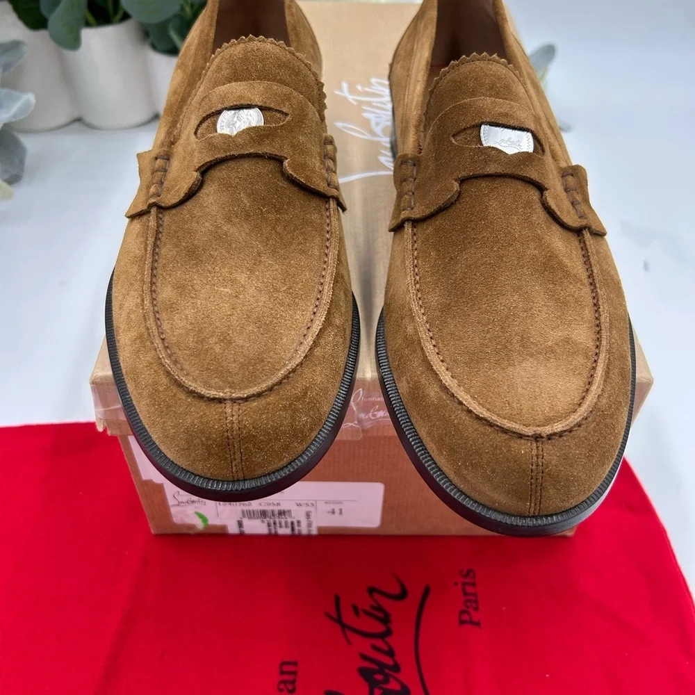 Men's Christian Louboutin penny loafers, brown Rhea suede leather size 41